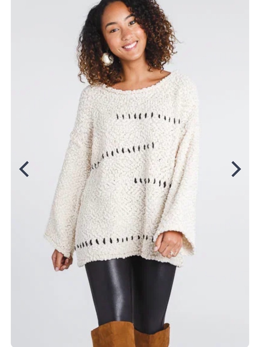 POL Cream Bouclé Scoop-Neck Sweater with Open-Stitch Stripes